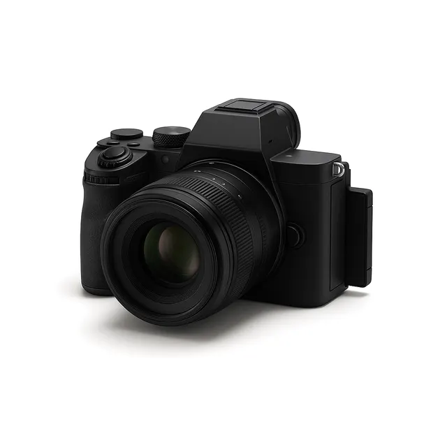A full frame mirrorless camera body fitted with a prime lens