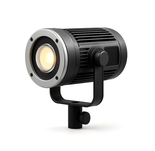 A bi-colour COB LED studio monolight held in its yoke